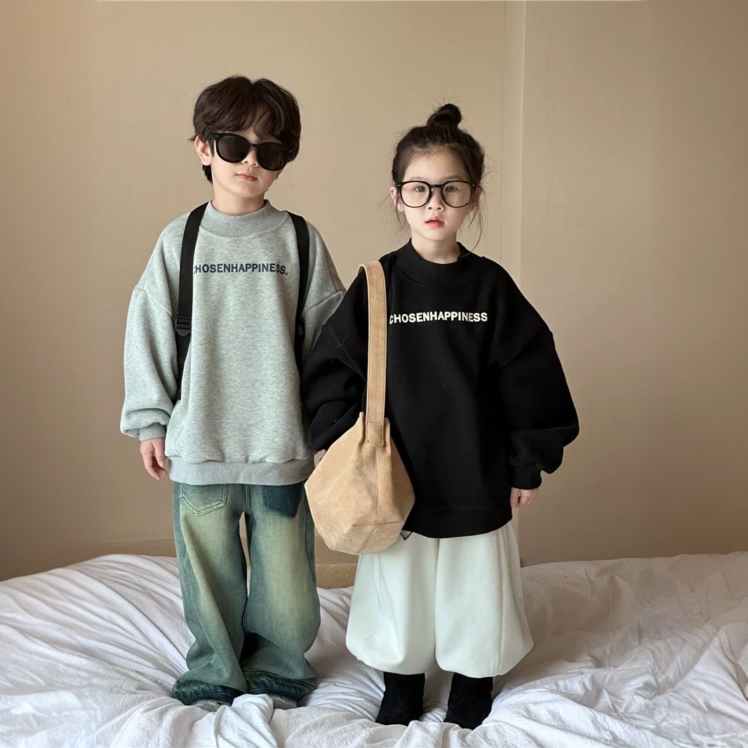 2024新款男女童秋冬韩版宽松卫衣简约字母印花儿童百搭休闲上衣