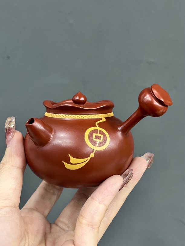 刘金城紫砂茶具潮州手拉壶袋袋有福侧把壶100c工夫茶原矿朱泥纯手