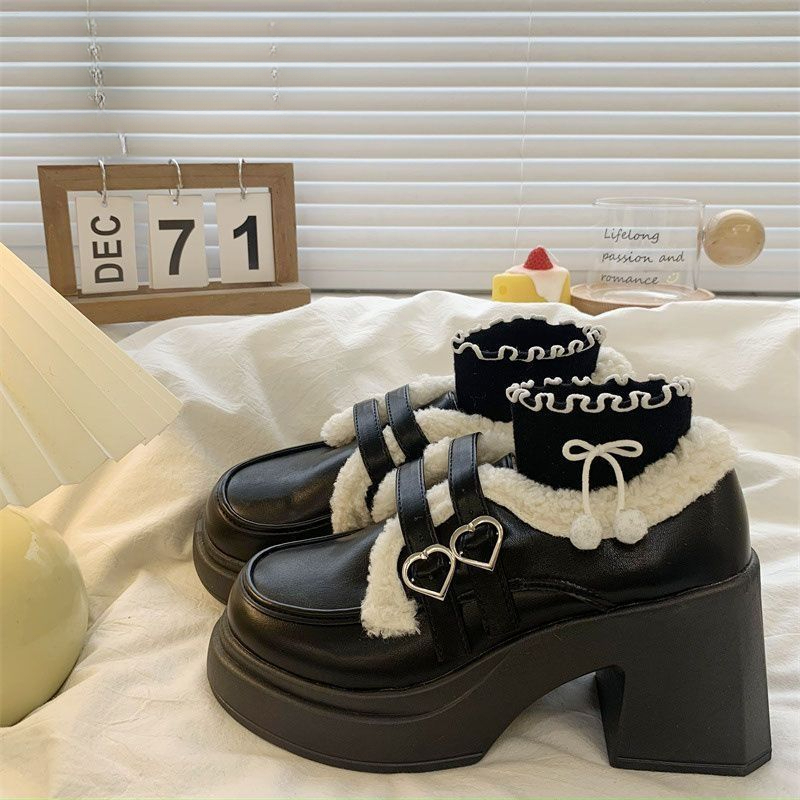 2023厚底小皮鞋女春夏加绒毛毛鞋子新款高跟玛丽珍鞋增高乐福鞋潮
