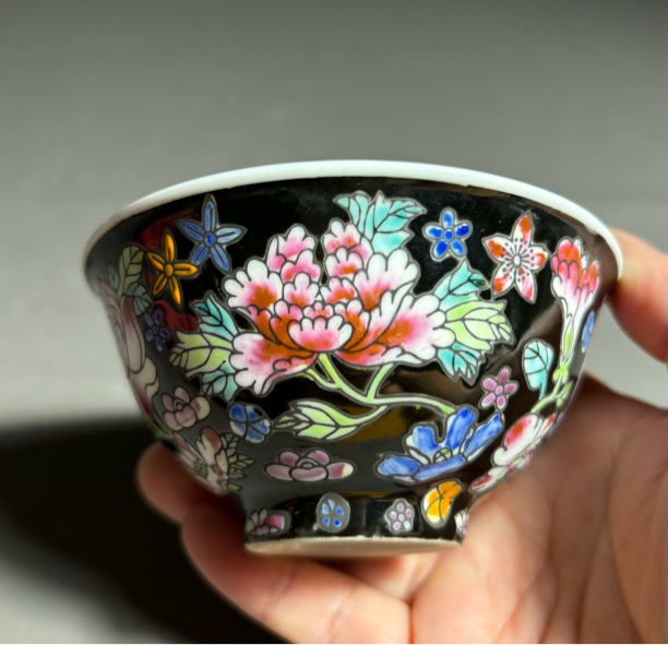 九公分小茶碗 景德镇陶瓷手绘黑万花茶圆