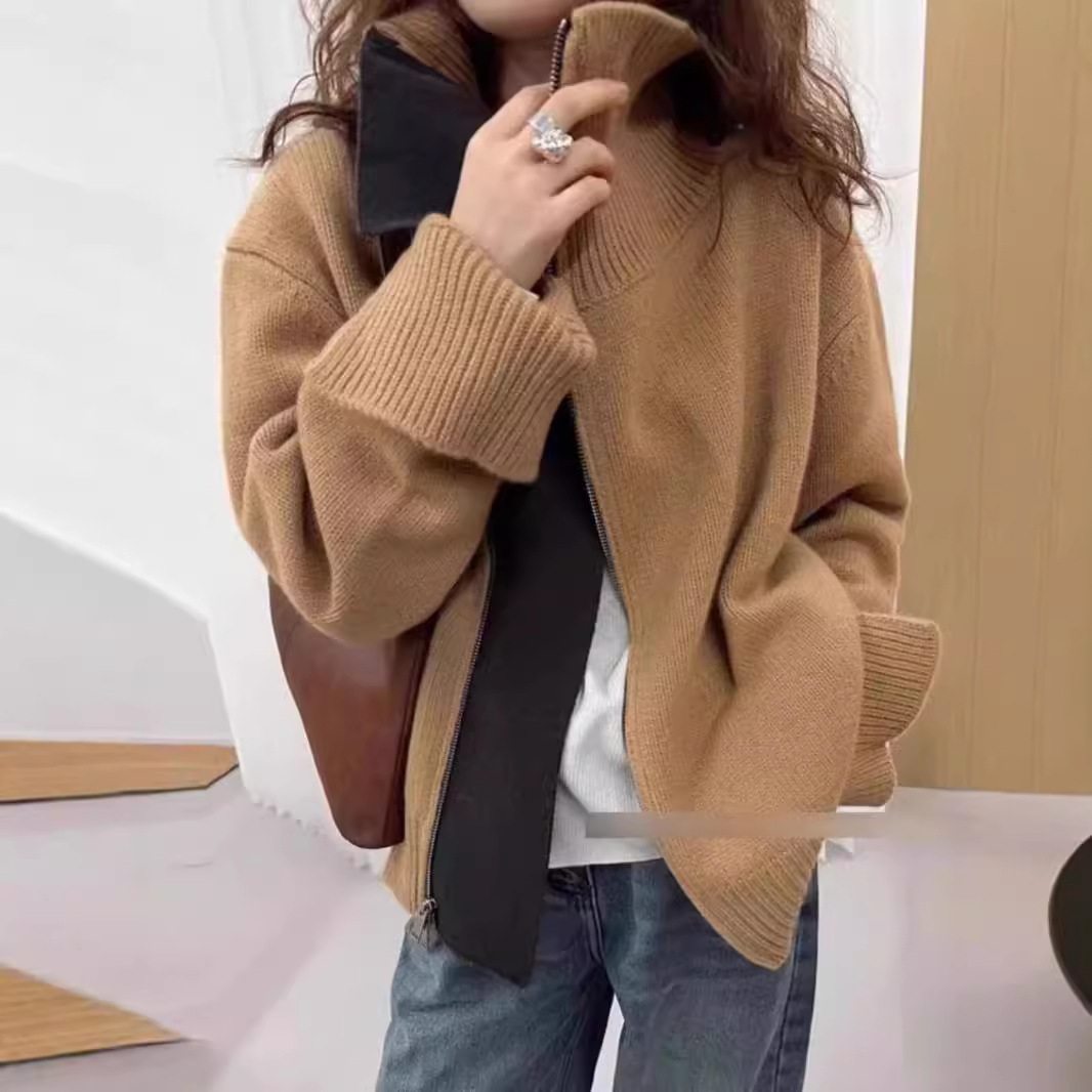 2024高领斜拉链开衫女羊毛衫秋冬宽松慵懒风加厚针织毛衣外套韩系