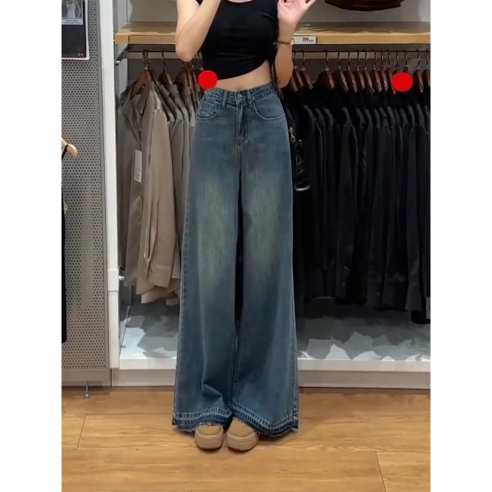 复古阔腿牛仔裤女2024秋季新款高腰直筒拖地裤大码胖MM显瘦长裤