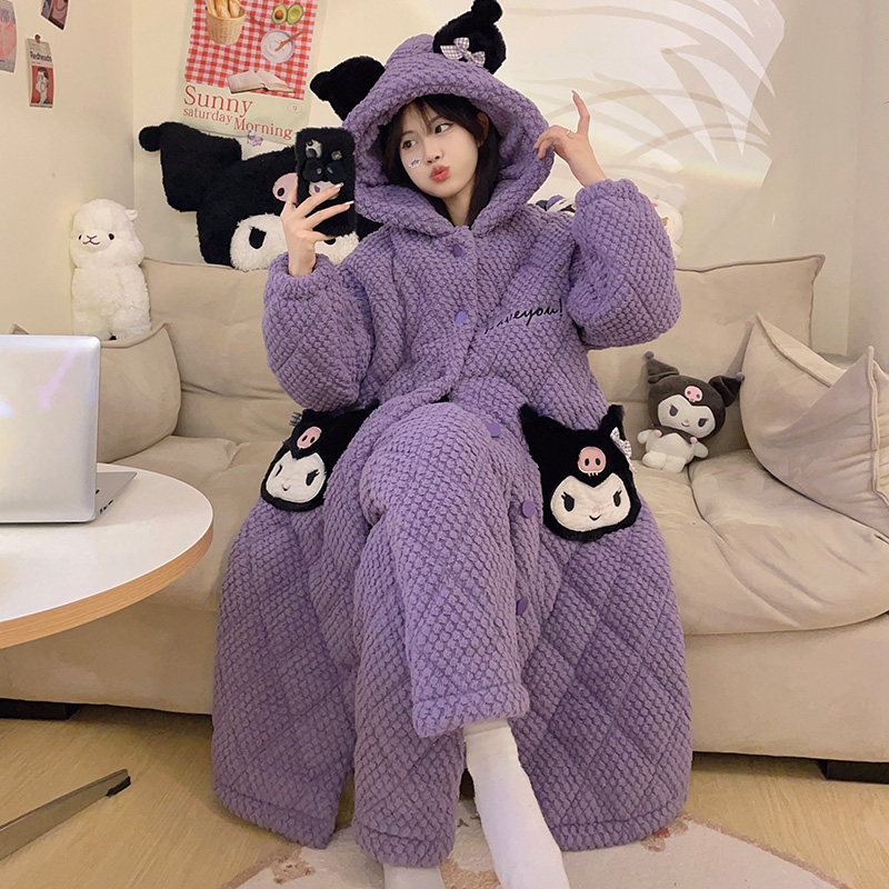 三层夹棉加厚睡袍冬季法兰绒睡衣女士可爱卡通珊瑚绒家居服 8962