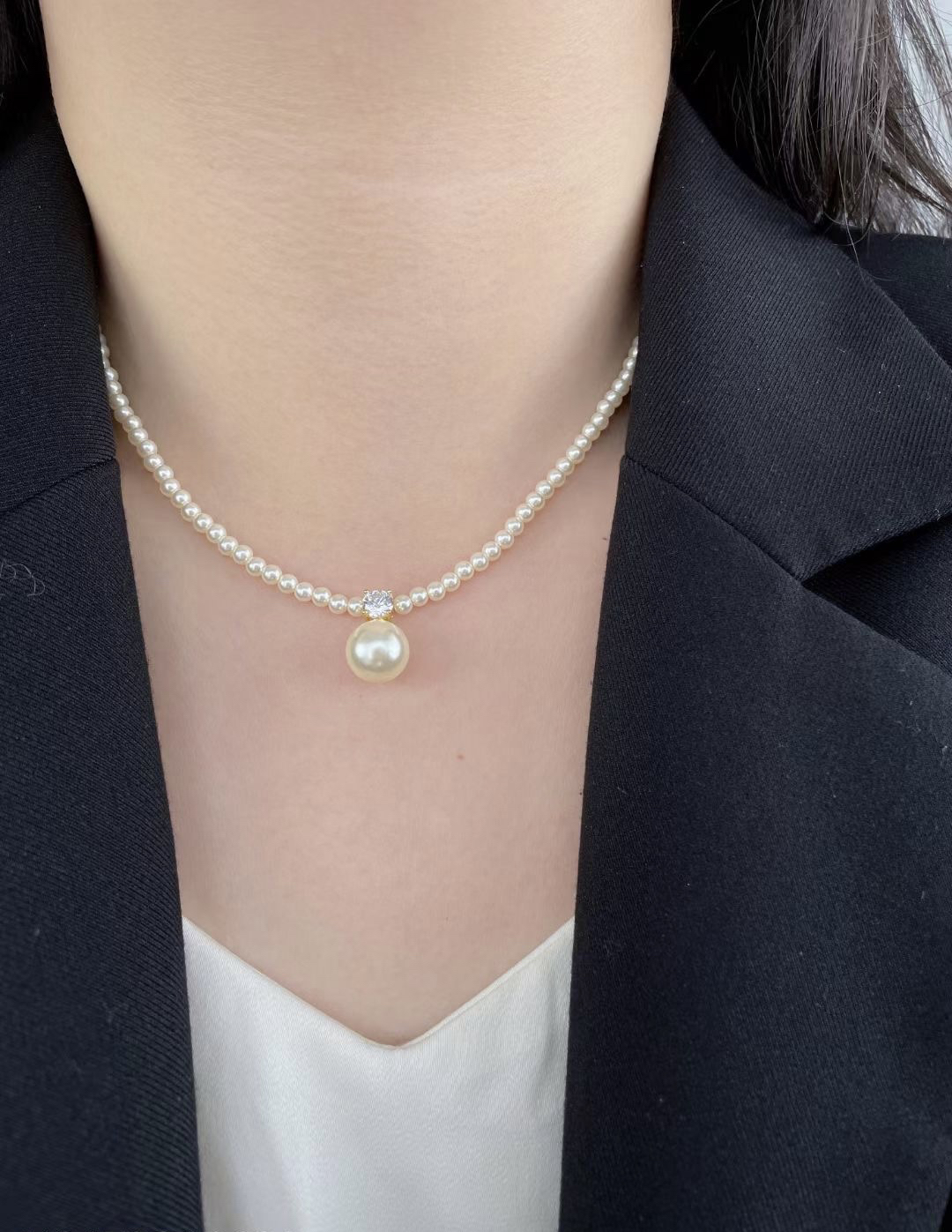 钛钢仿珍珠吊坠 珍珠吊坠款珍珠项链复古法式经典气质