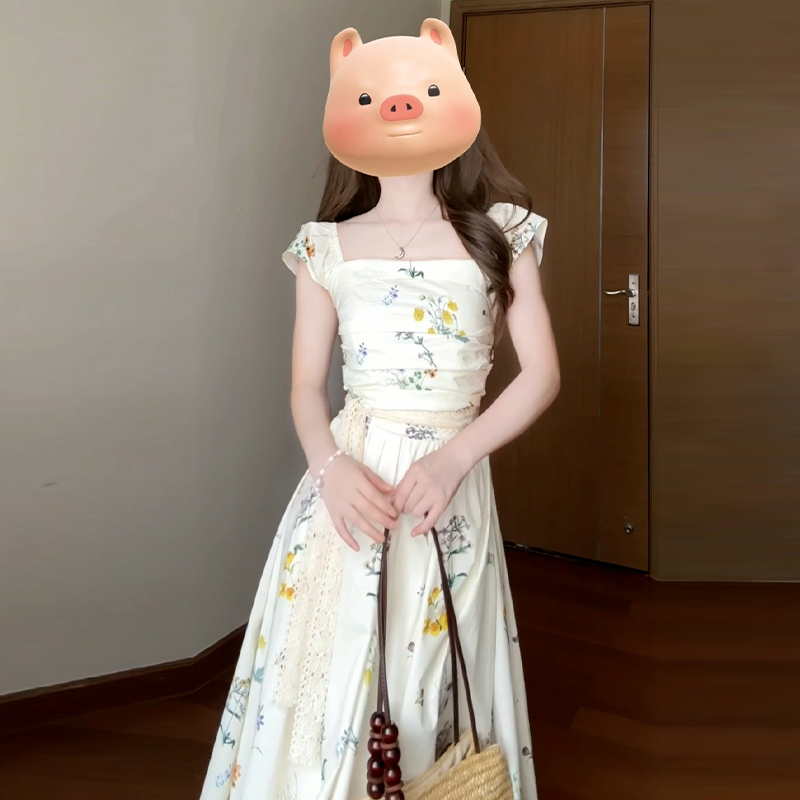 3846法式白色气质温柔风碎花连衣裙2024新款夏季女装高级感长裙
