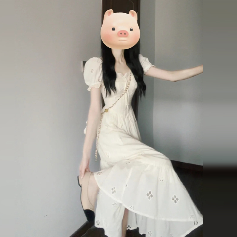 3076法式温柔风白色复方领连衣裙女夏季2024新款气质梨型身材长裙