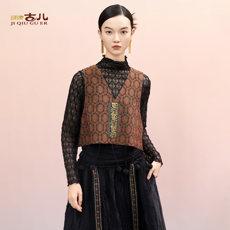 吉丘古儿火花百搭背心中式复古时尚百搭短坎肩流苏马夹G243Y034