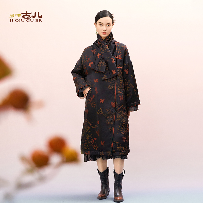 吉丘古儿秋日蝶舞提花棉服新中式复古中长款加厚气质棉衣G244Y001