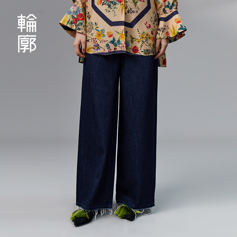 轮廓原创牛仔裤宽松休闲裤脚磨边率性直筒裤慵懒风裤子L233K003