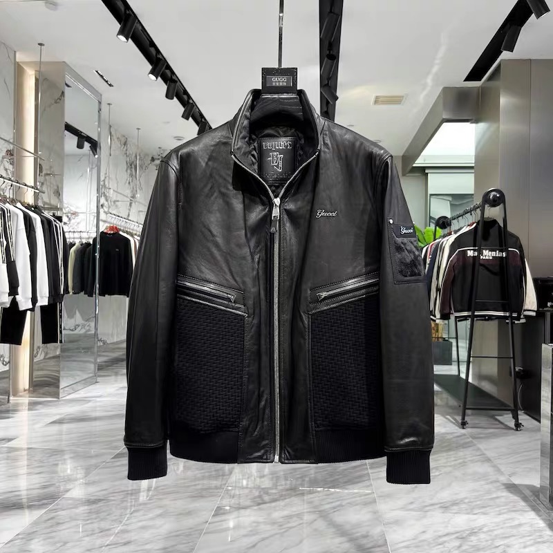 冬季新款欧货男潮流拼皮夹克时尚百搭黑设计修身夹克外套BJ8075-1