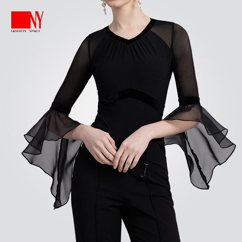 NY23238S纳艺丝绒水晶麻挂脖上衣女士摩登舞练习服国标舞训练服
