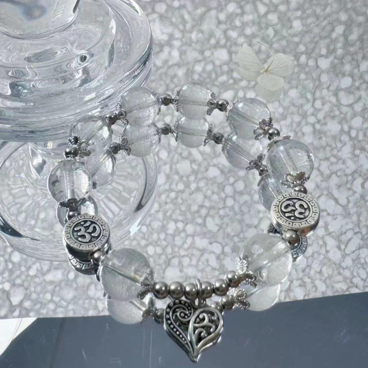 合金手链 【steph 】《天然白手串》雕刻心经转运珠925纯银原创手链