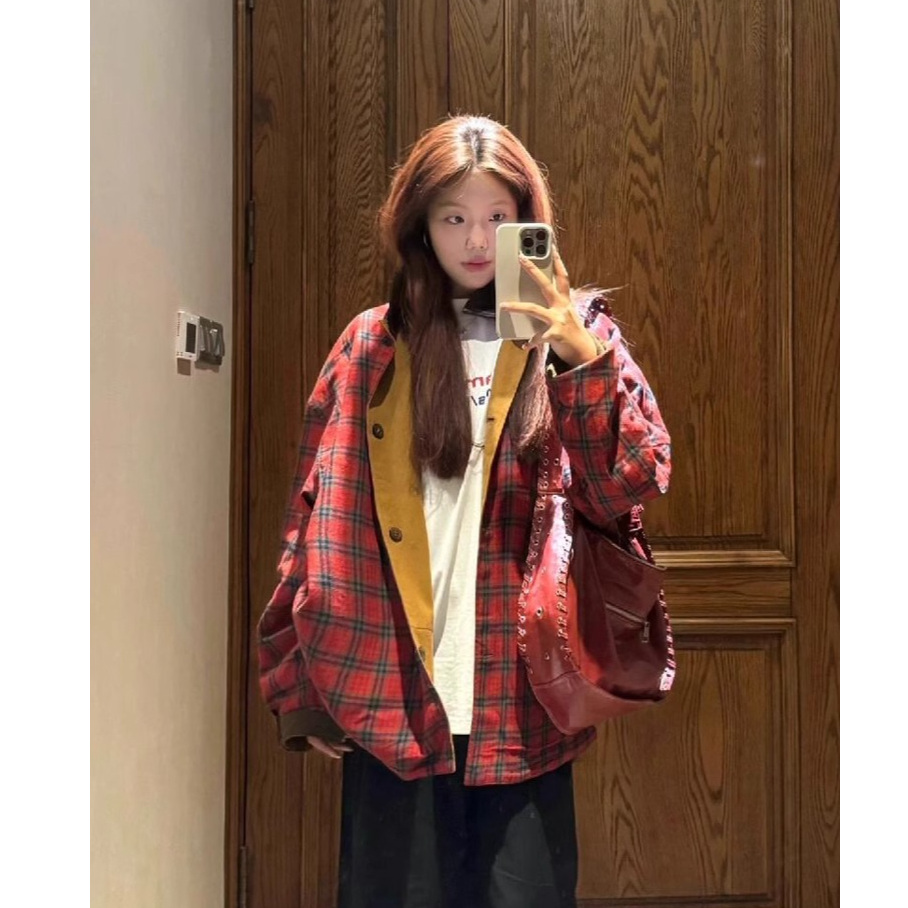 美式高街潮牌猎装磨毛皮领格子正反两面穿外套女秋灯芯绒宽松夹克