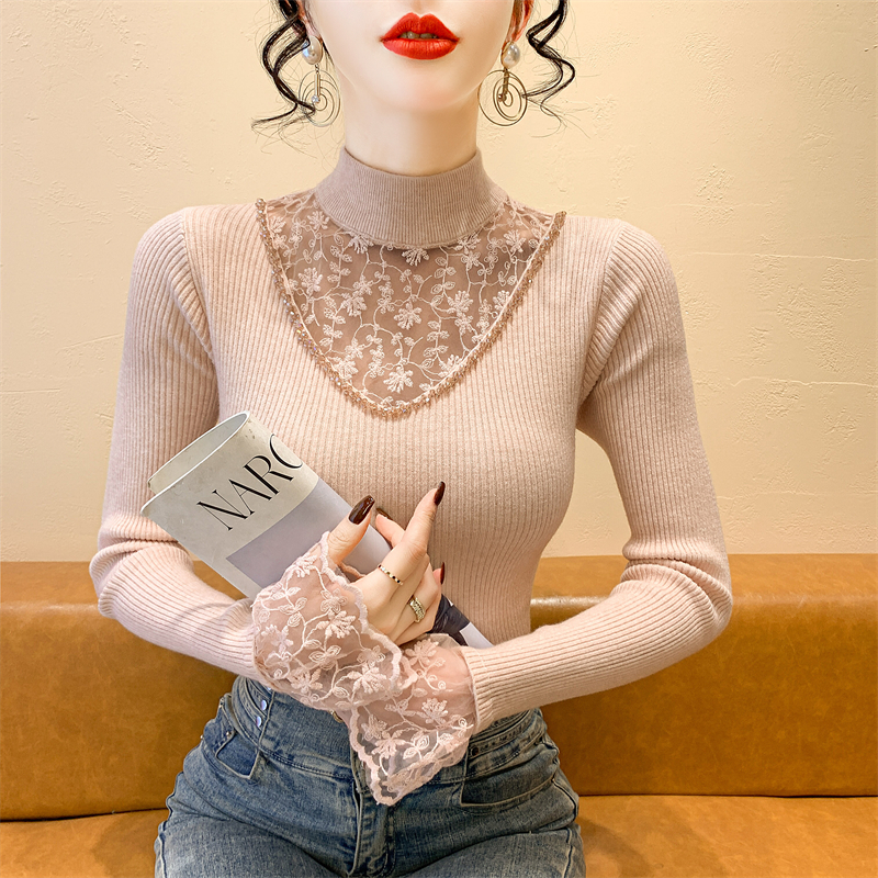 实拍 半高领蕾丝拼接毛衣镂空重工钉珠修身内搭针织衫打底衫