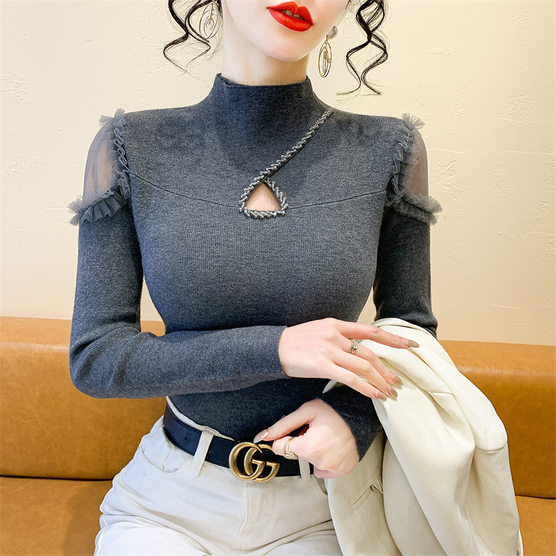 实拍性感镂空钉珠半高领毛衣女秋冬季修身时尚网纱拼接长袖针织衫