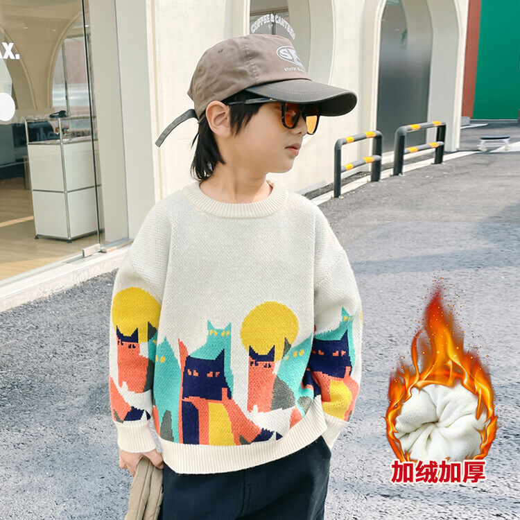 男童加绒毛衣秋冬款2023新款宝宝冬装双层加厚针织衫儿童毛线衣服