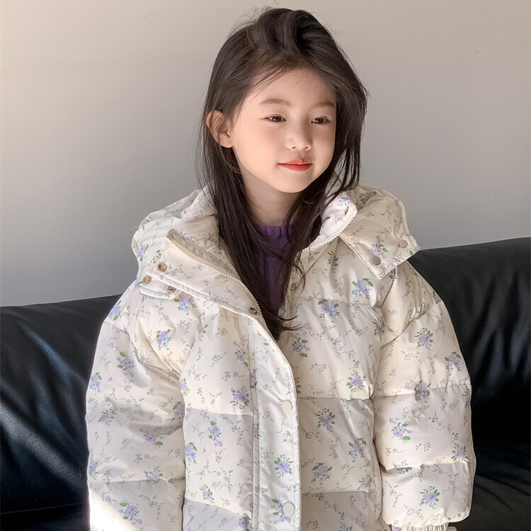 女童碎花羽绒服冬小众洋气连帽面包服女宝宝韩版白鸭绒公主风外套