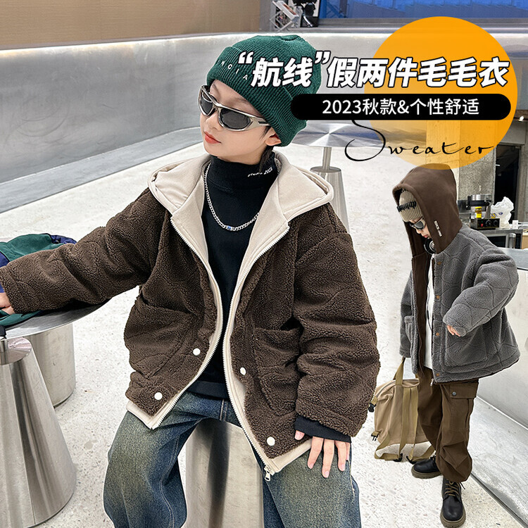 男童加厚外套秋冬季中大童羊羔绒2023新款儿童假两件连帽毛毛衣潮