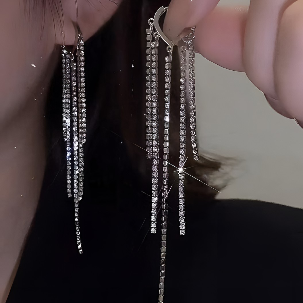 铜合金耳饰 A02-日韩轻奢时尚超闪满钻流苏耳环设计感长款耳环