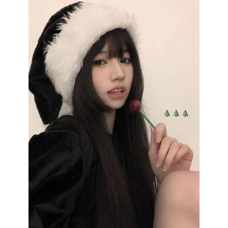 圣诞节黑色帽子女毛绒发饰品装饰潮配饰头饰新年派对拍照圣诞道具