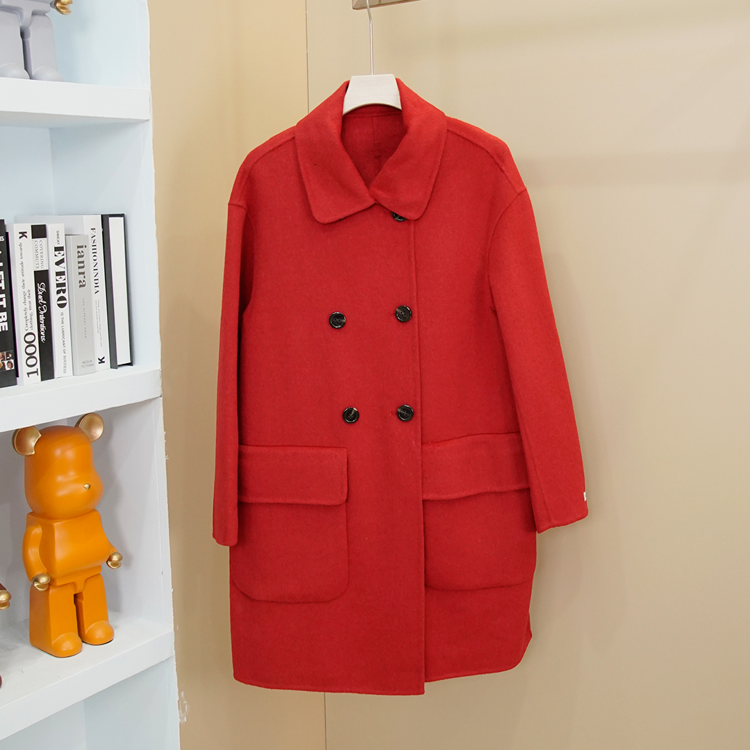 DY852【知后轻奢定制】时尚翻领红色双排扣简约百搭翻盖口袋大衣