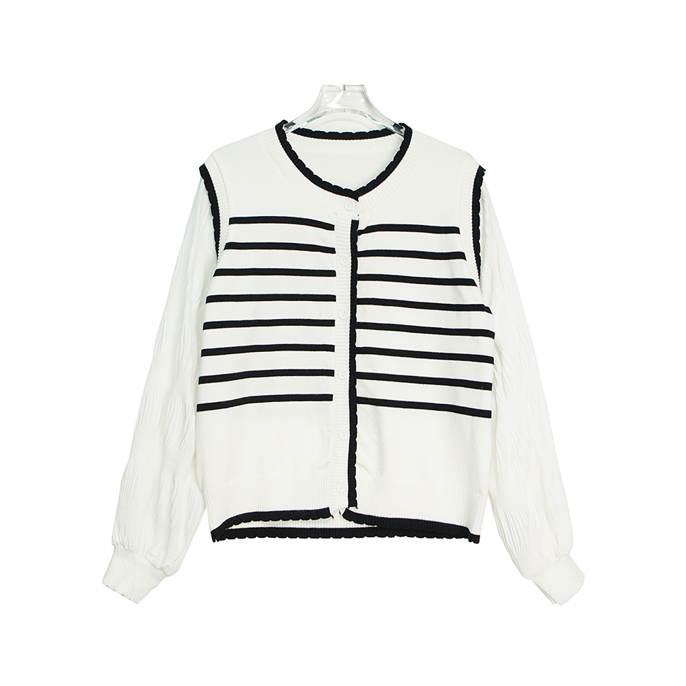 韩系慵懒风复古白色条纹泡泡袖长袖上衣X2421