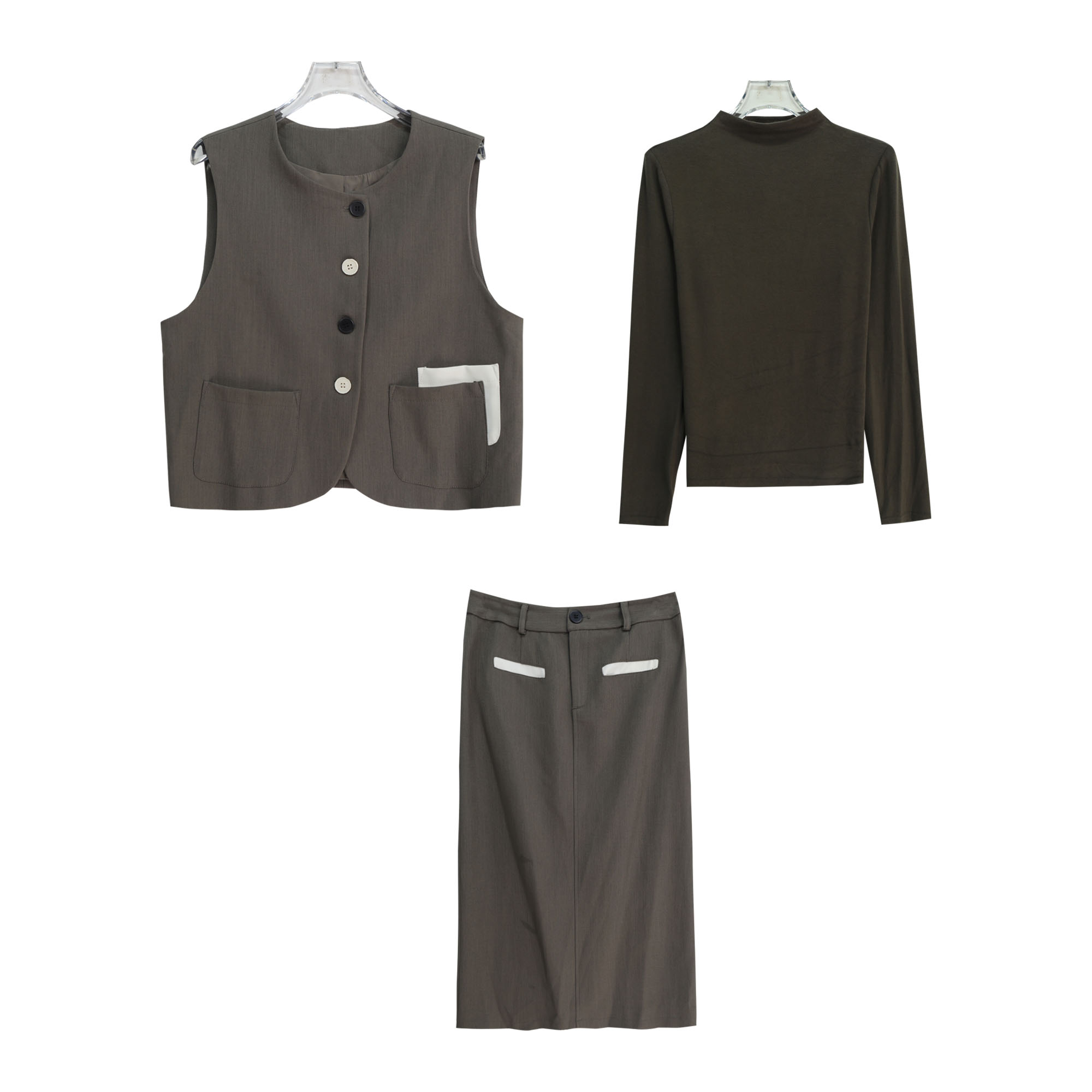 英伦风设计感撞色马夹简约内搭半身裙套装S2943