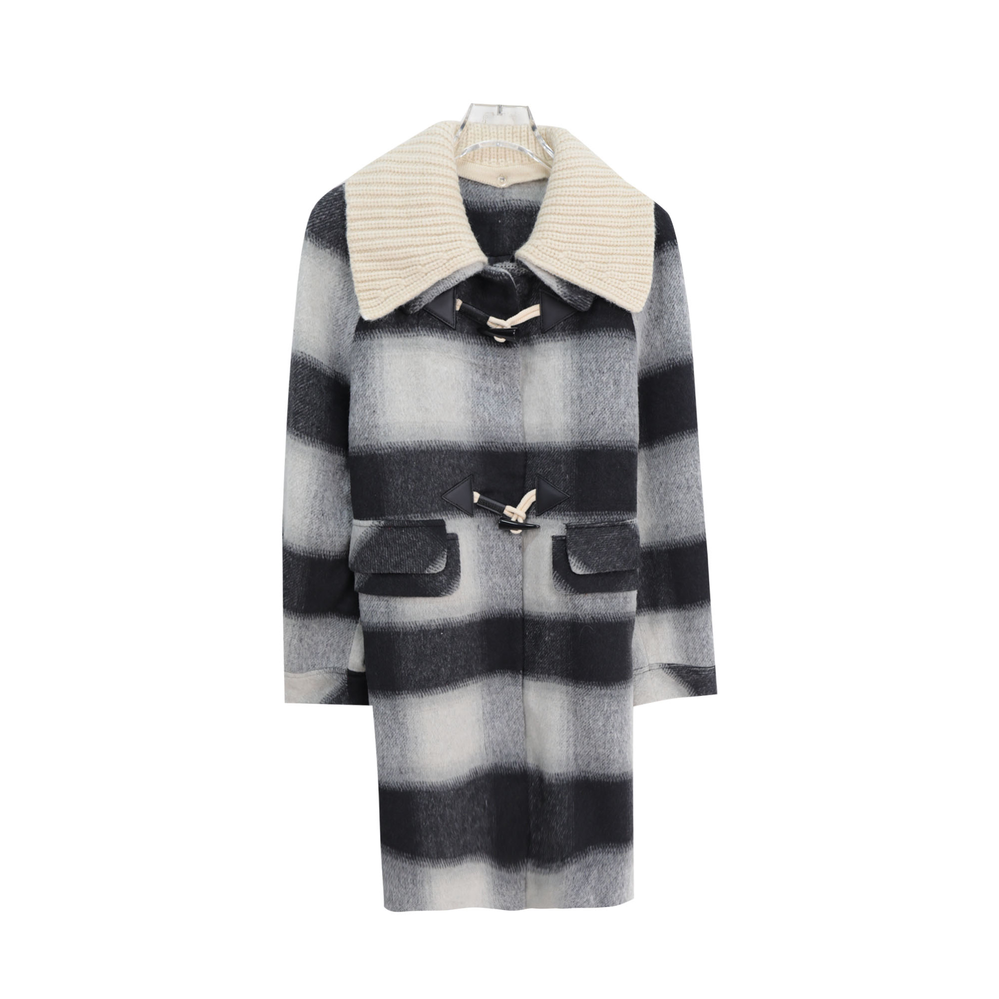 新款时尚牛角扣大翻领格纹气质大衣外套S4854