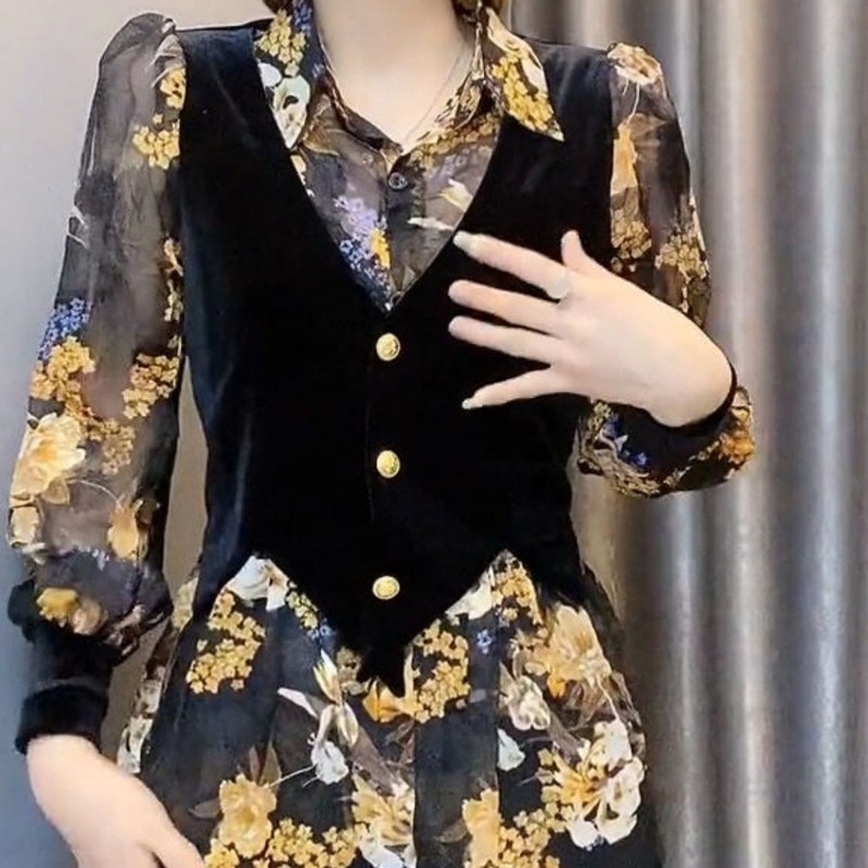 X8078时尚黑色马甲拼接假两件设计感洋气碎花长袖衬衣