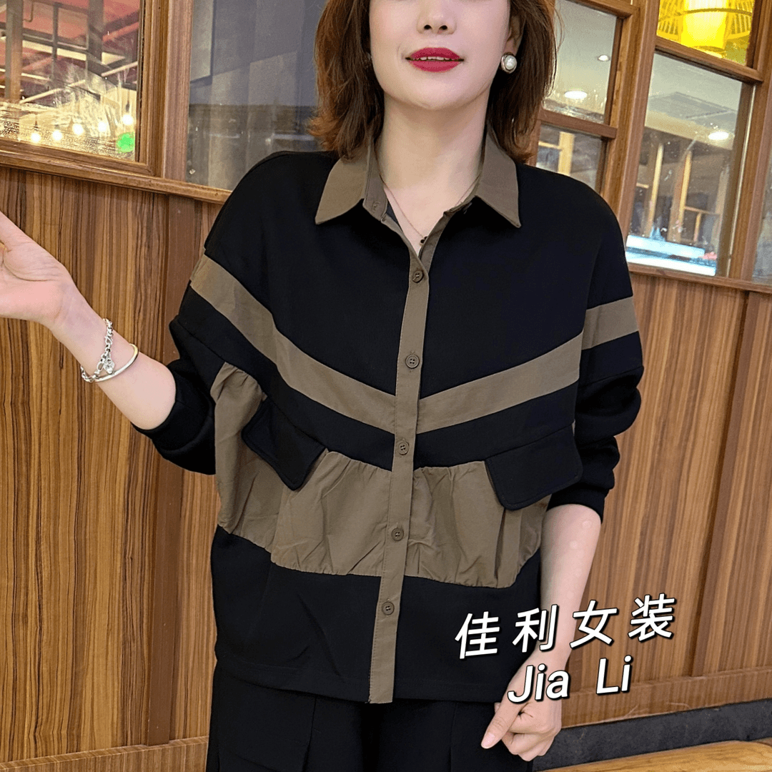 春秋季网红新款时尚百搭撞色拼接设计款高档洋气休闲通勤妈妈装