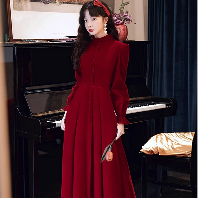 敬酒服新娘2025新款酒红色长袖结婚晚礼服裙平时可穿法式高级感女