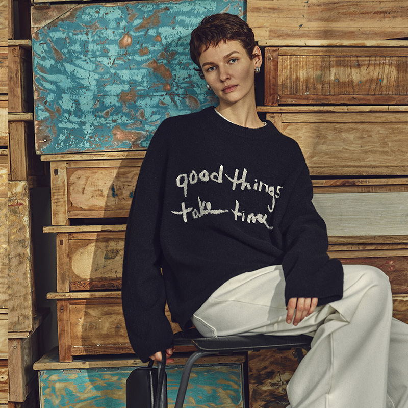 BLUEWEDIAN牦牛绒圆领提花宽松廓形毛衣春秋新品女慵懒高级感