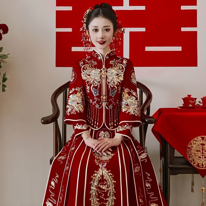 秀禾服2023年新款新娘结婚高级丝绒小个子秀禾修身新式秀和服收腰