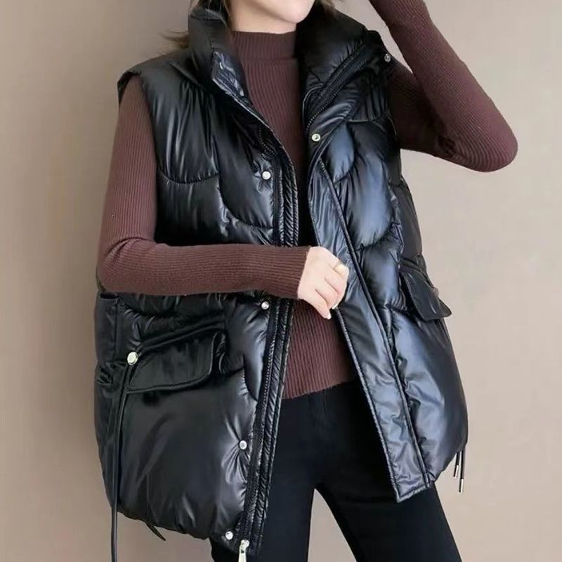 2022韩版高绒棉马甲女亮面免洗短款立领外穿马夹冬季宽松坎肩背心