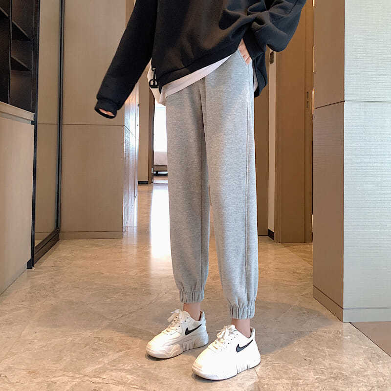 秋冬新品运动裤子女宽松束脚加绒灰色显瘦ins百搭休闲卫裤保暖潮