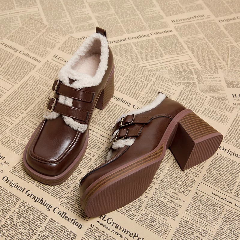 回力潮品牌小皮鞋2024粗跟加绒保暖乐福鞋高跟毛毛外穿复古英伦风