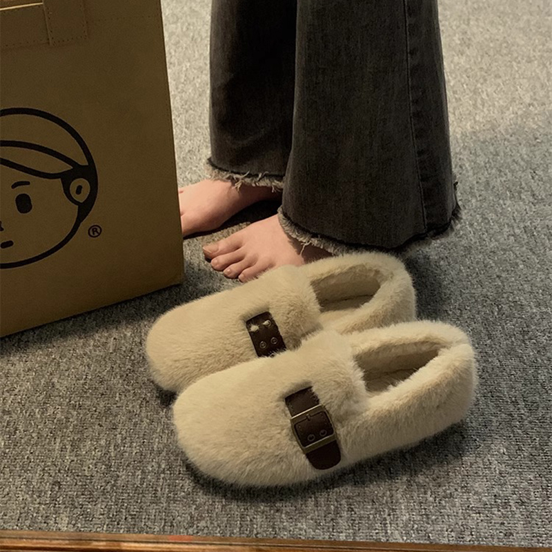 回力潮品牌2024冬季新款毛毛鞋女复古百搭一脚蹬平底鞋加绒豆豆鞋