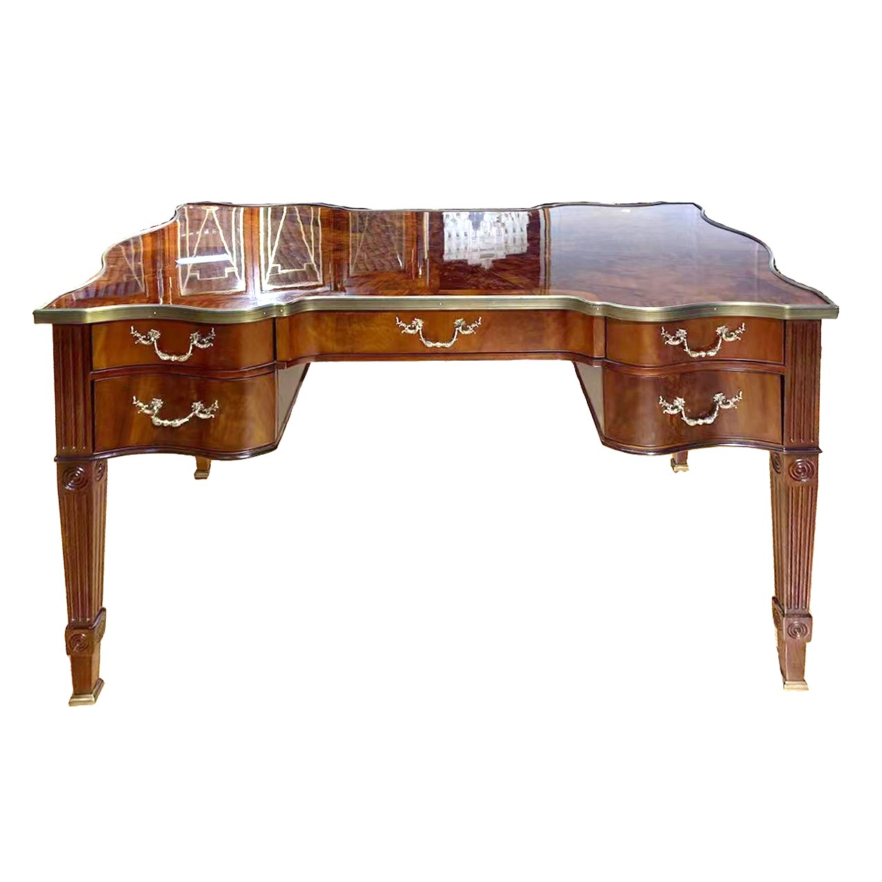 英式亚历山大书桌Y-015纯铜围边把手桃花芯木黄金树杈皮141*78*78