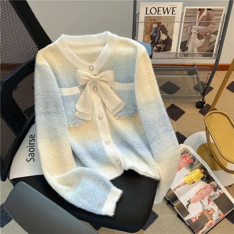 秋冬新款大码胖mm针织打底衫女毛衣内搭蝴蝶结钉珠开衫显瘦上衣潮