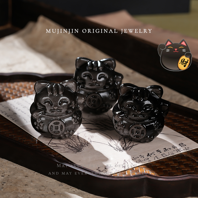 天然银曜石可爱招财猫雕刻小摆件时尚装饰品XL2766发一