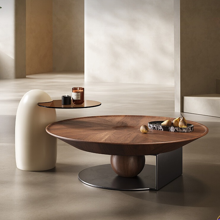 意式极简圆形茶几边几组合客厅家用实木轻奢高级感小户型现代简约