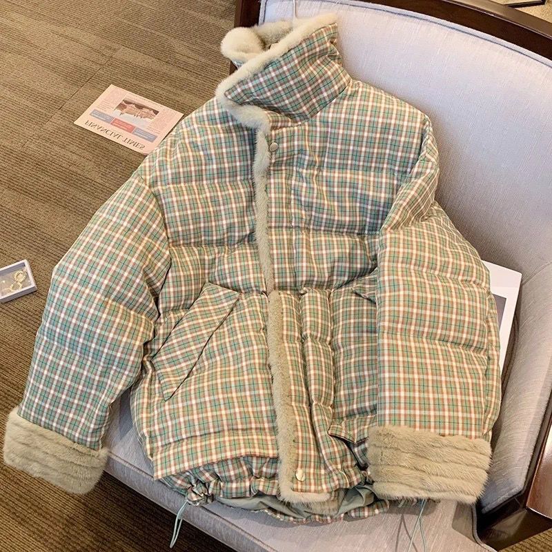 复古格子棉服女冬季新款韩系高级感小个子宽松加厚面包服
