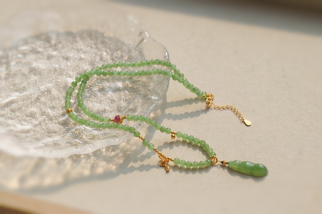 和田玉碧玉复古项链四季豆珠子4mm女款轻奢长款多样性发货