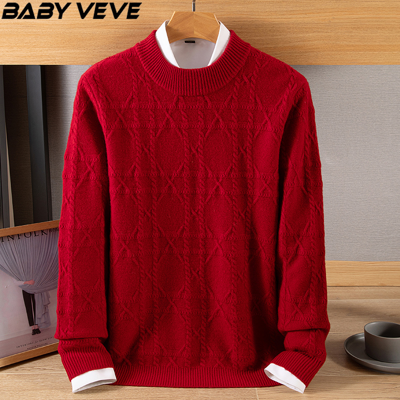 2024冬季双股加厚纯羊绒衫男士洋气本命年红色半高圆领针织毛衣