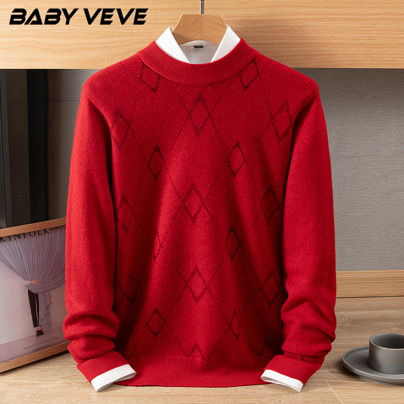 冬季正红色羊绒衫男士毛衣中年男装本命年加厚宽松针织衫内搭毛衣