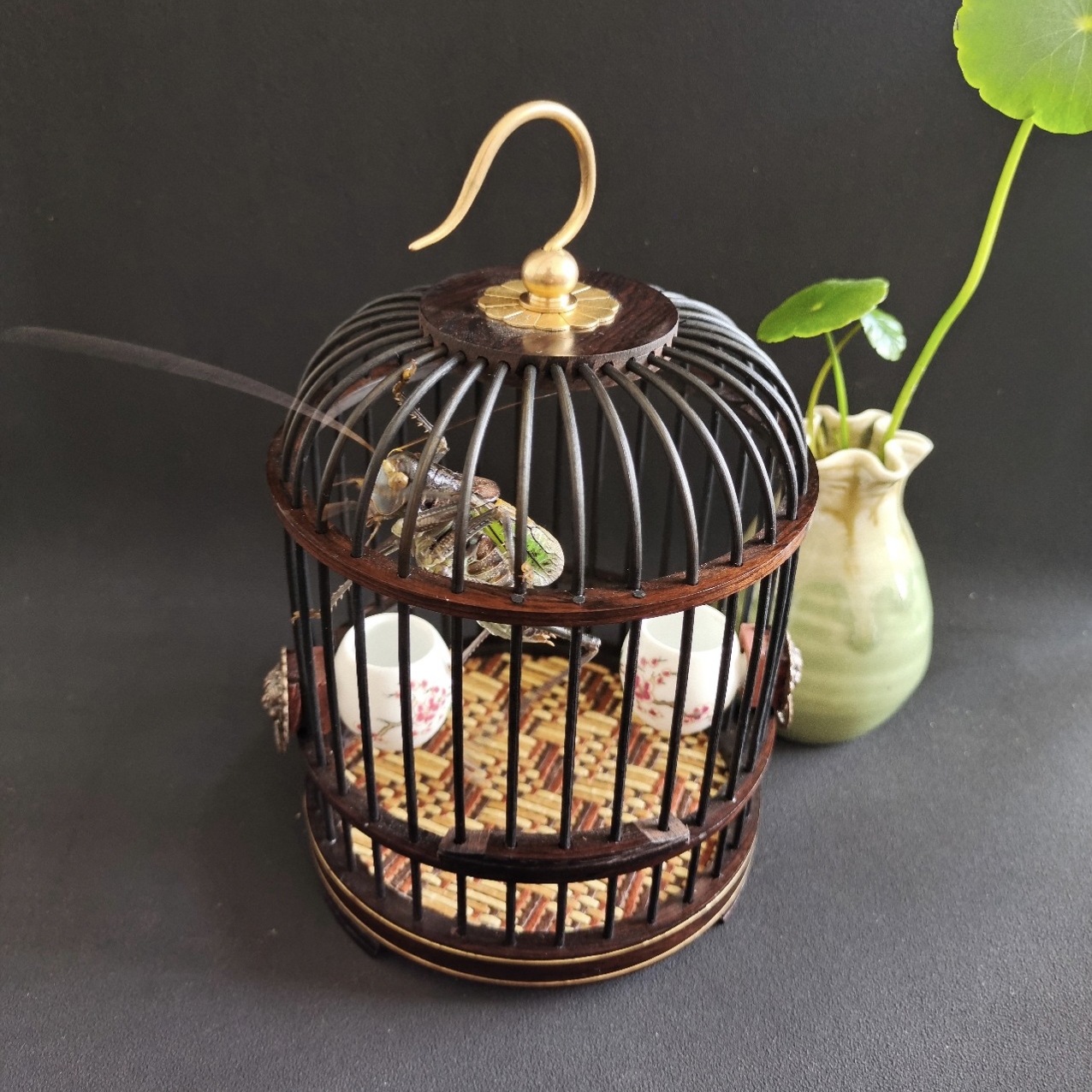 圆形馒头顶黑檀木实木蝈蝈笼套餐            