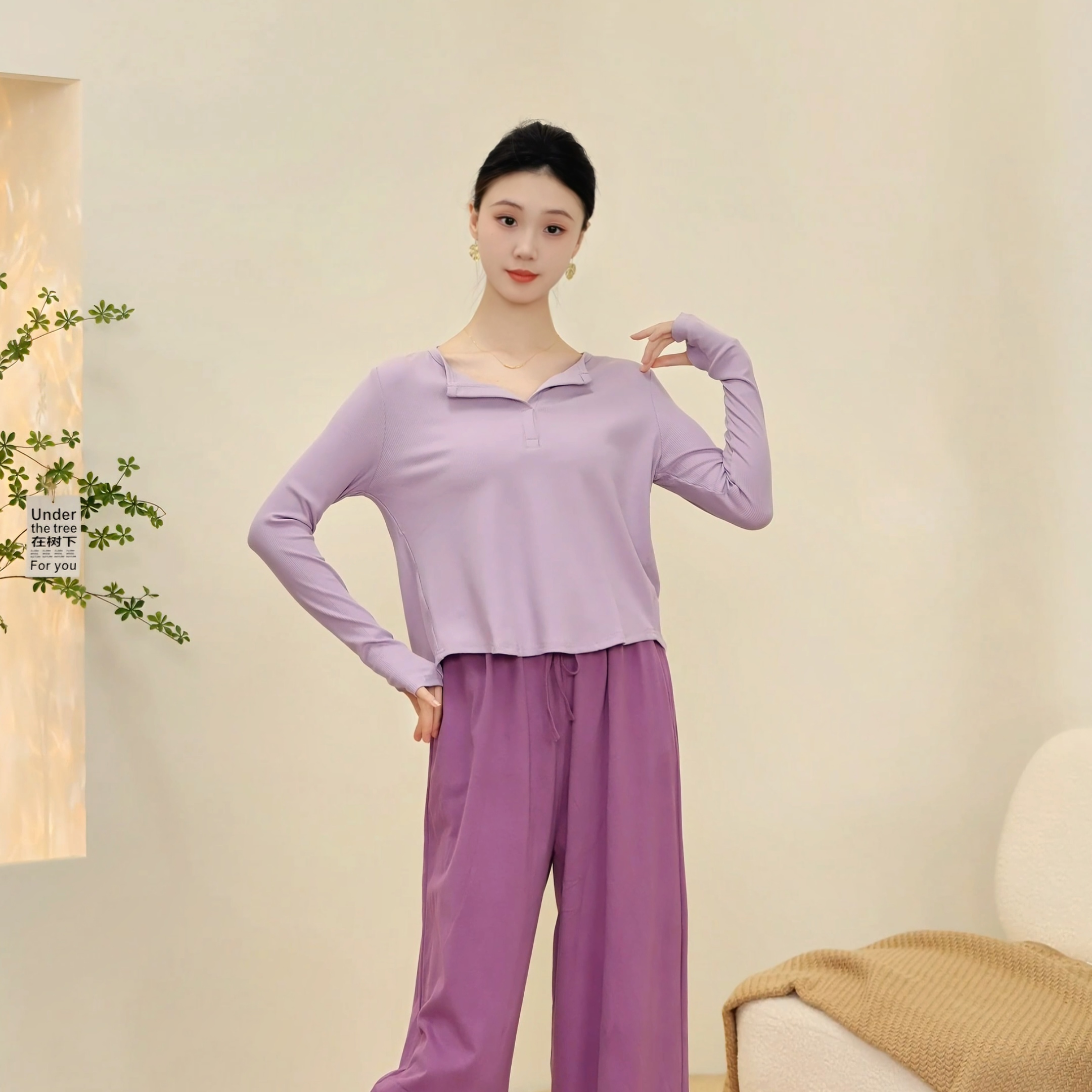 翻领长袖套指秋冬新款日常形体舞蹈服瑜伽修身集训形体舞上衣