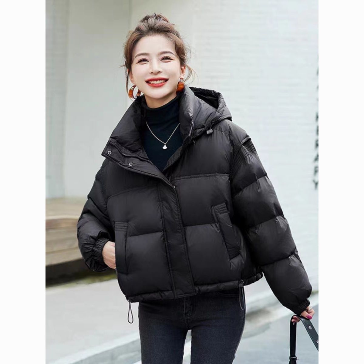 羽绒衣服2024新款冬季韩版时尚宽松显瘦咖色连帽短款羽绒服90白鸭