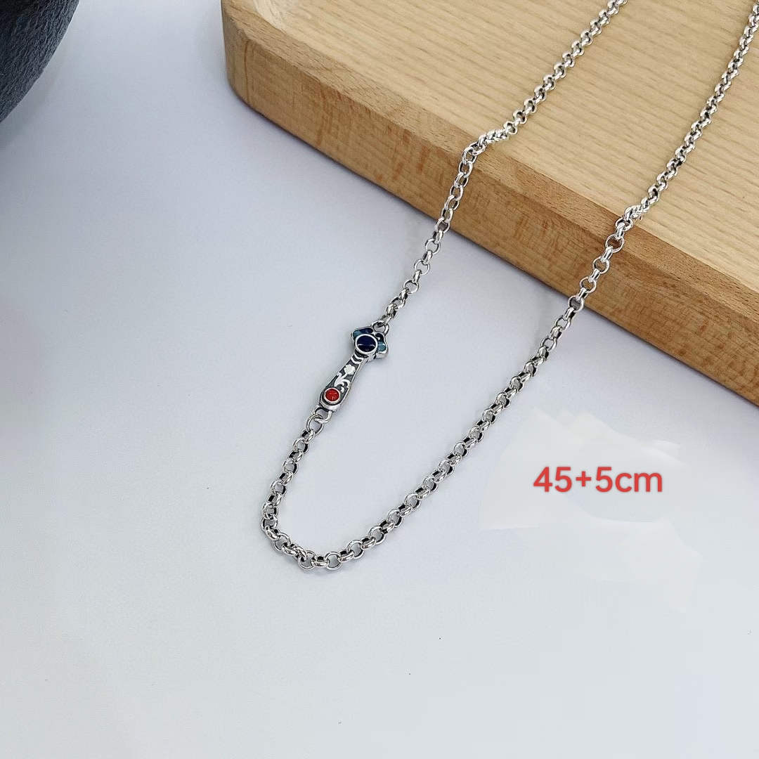 链子925银 s925纯银0字链如意链复古白搭款烧蓝做旧款锁骨链项链