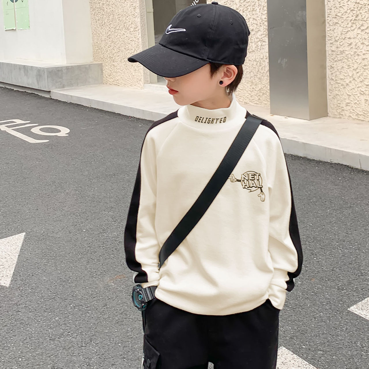 【多比熊】儿童德绒拼色上衣新款男童半高领上衣中小童长袖